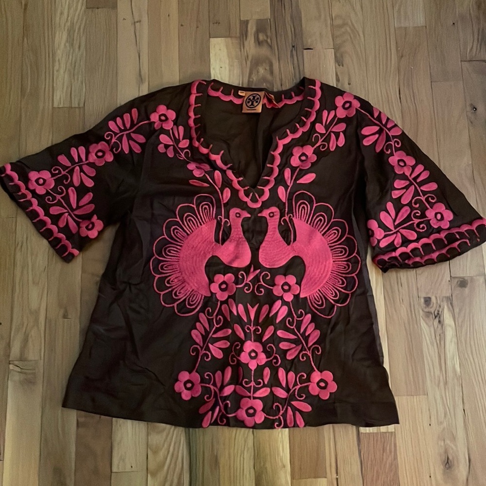 Tory Burch Peacock Embroidered Shirt Brown/Pink - Size 14
